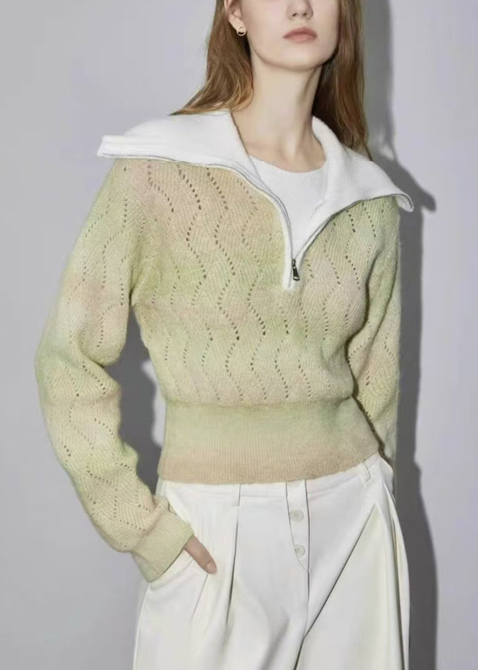 Women Green Zip Up Hollow Out Wool Knit Sweater Winter WK025