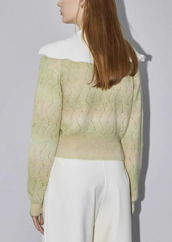 Women Green Zip Up Hollow Out Wool Knit Sweater Winter WK025