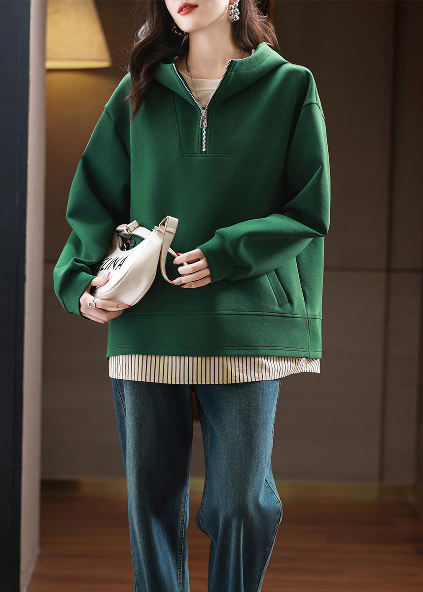 Pull à capuche en coton vert avec fermeture éclair et patchwork pour femme, streetwear, automne QI038