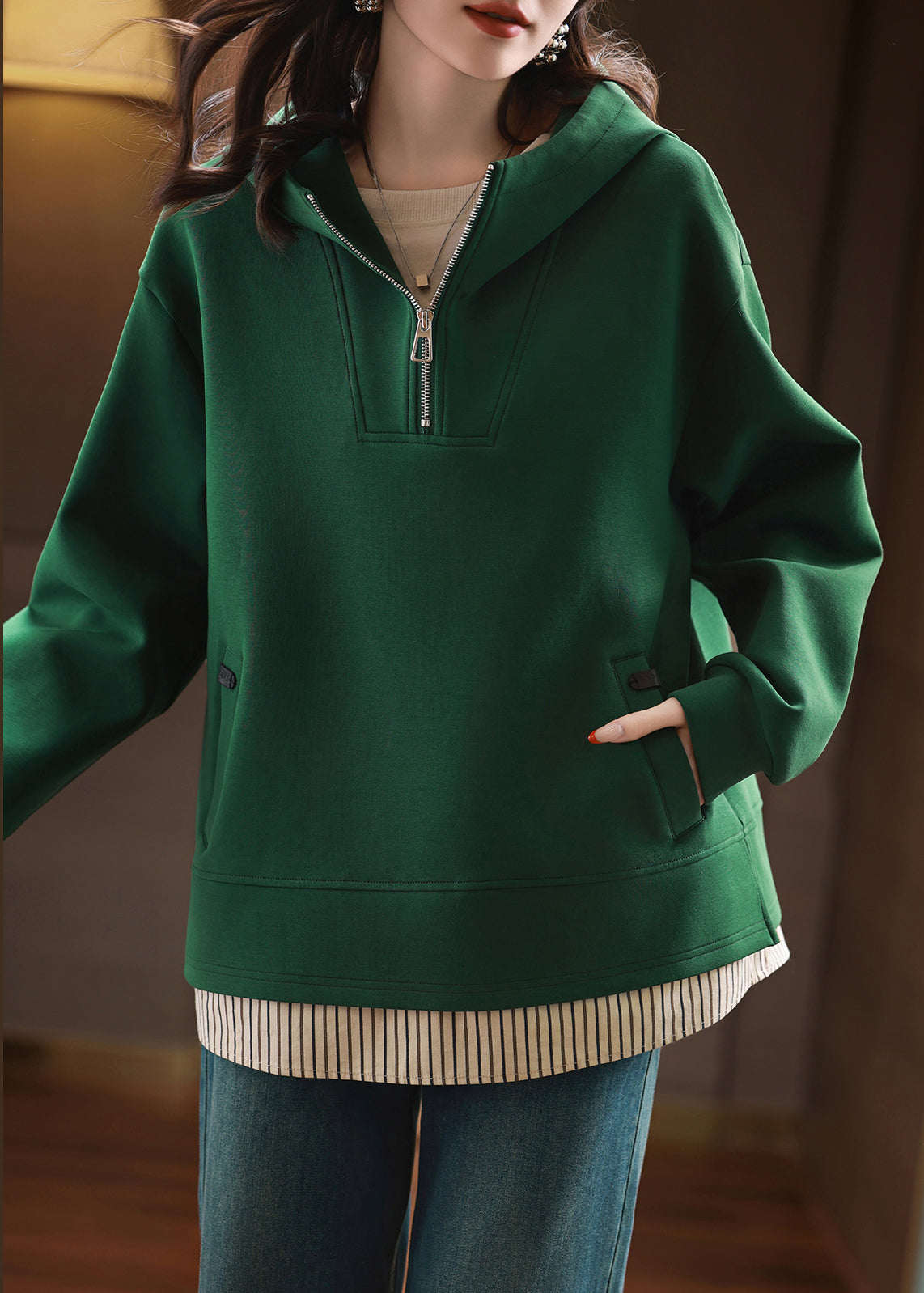 Pull à capuche en coton vert avec fermeture éclair et patchwork pour femme, streetwear, automne QI038