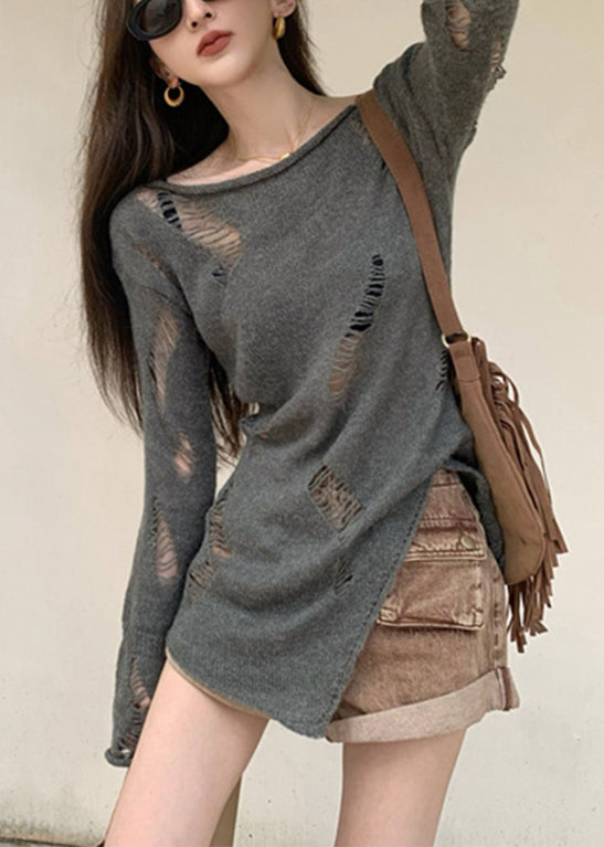 Hollow Spring Asymmetrischer Strickpullover Out Grau Damen