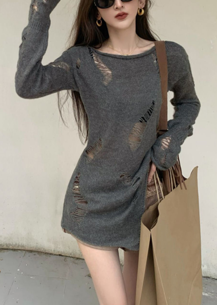Hollow Spring Asymmetrischer Strickpullover Out Grau Damen