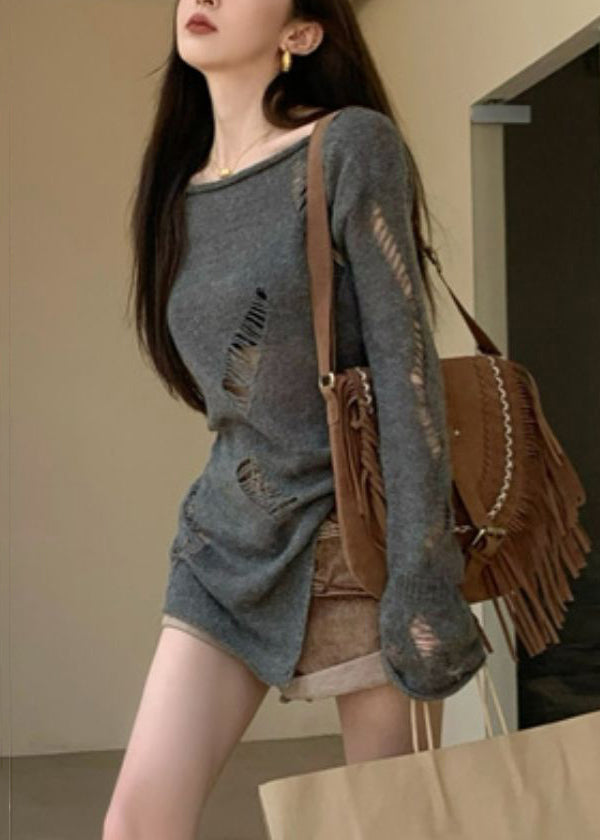 Hollow Spring Asymmetrischer Strickpullover Out Grau Damen