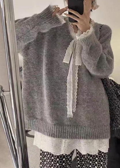 Women Grey Cozy Lace Patchwork Knit Sweater Winter WM007