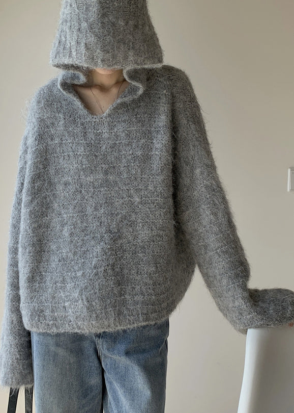 Women Grey Hooded Solid Cotton Knit Sweaters Winter WY024