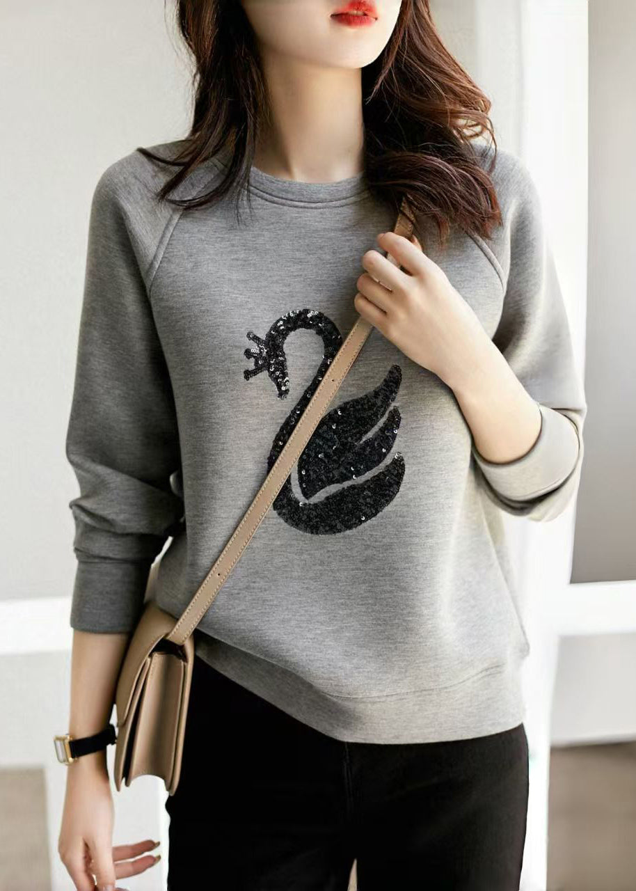 Sweatshirt Damen Hals O Pailletten Frühling Grau Baumwolle