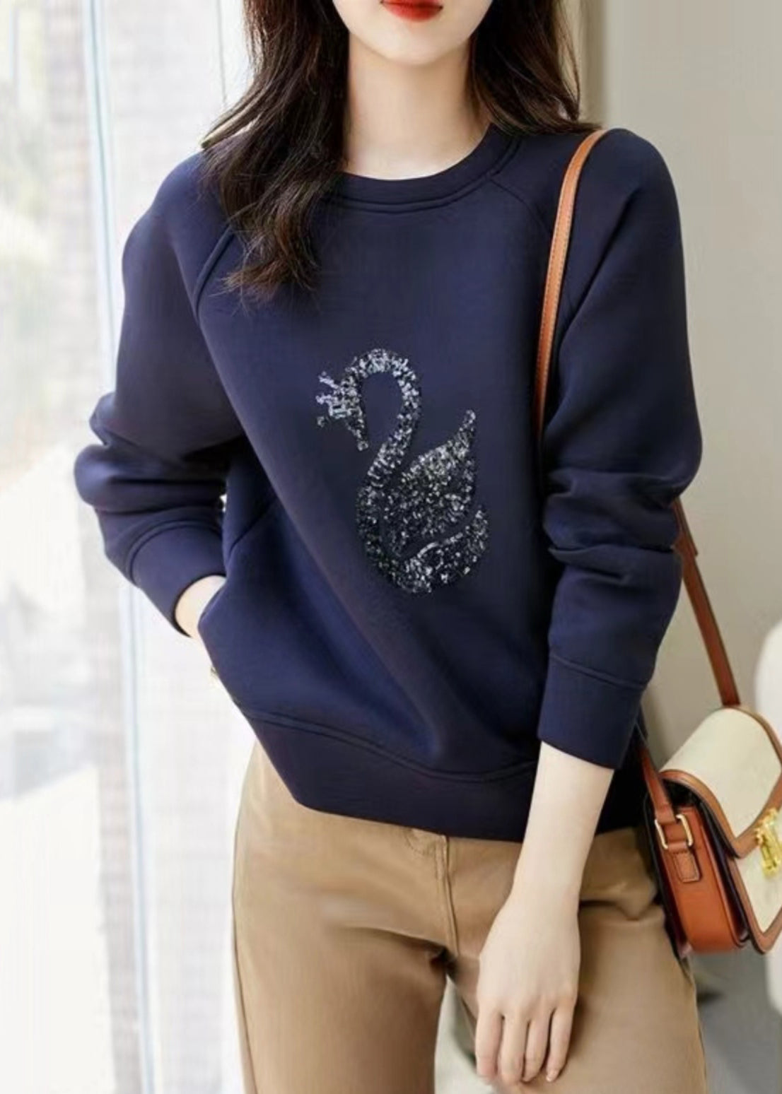 Sweatshirt Damen Hals O Pailletten Frühling Grau Baumwolle