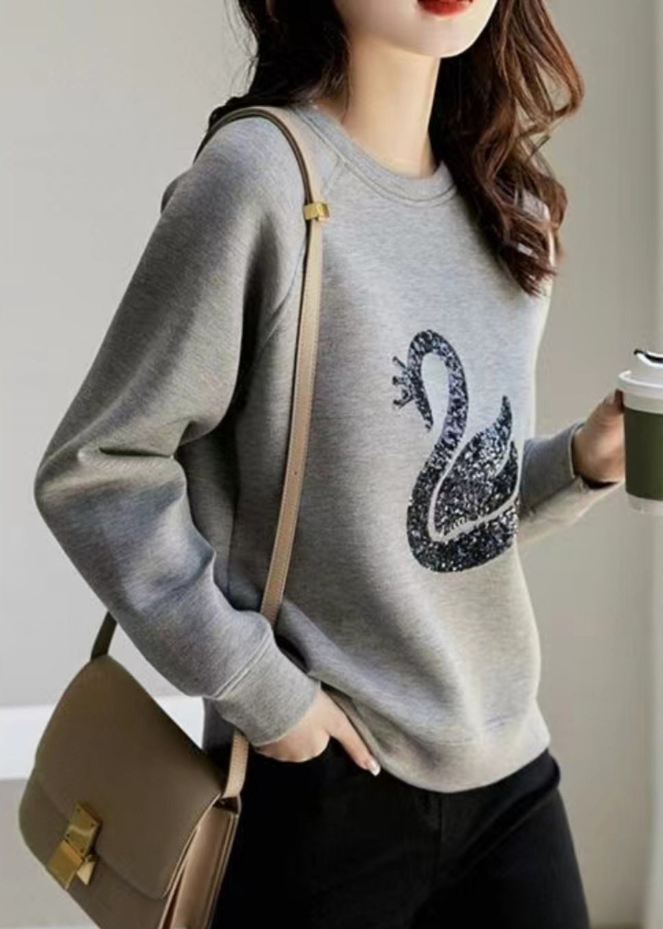 Sweatshirt Damen Hals O Pailletten Frühling Grau Baumwolle
