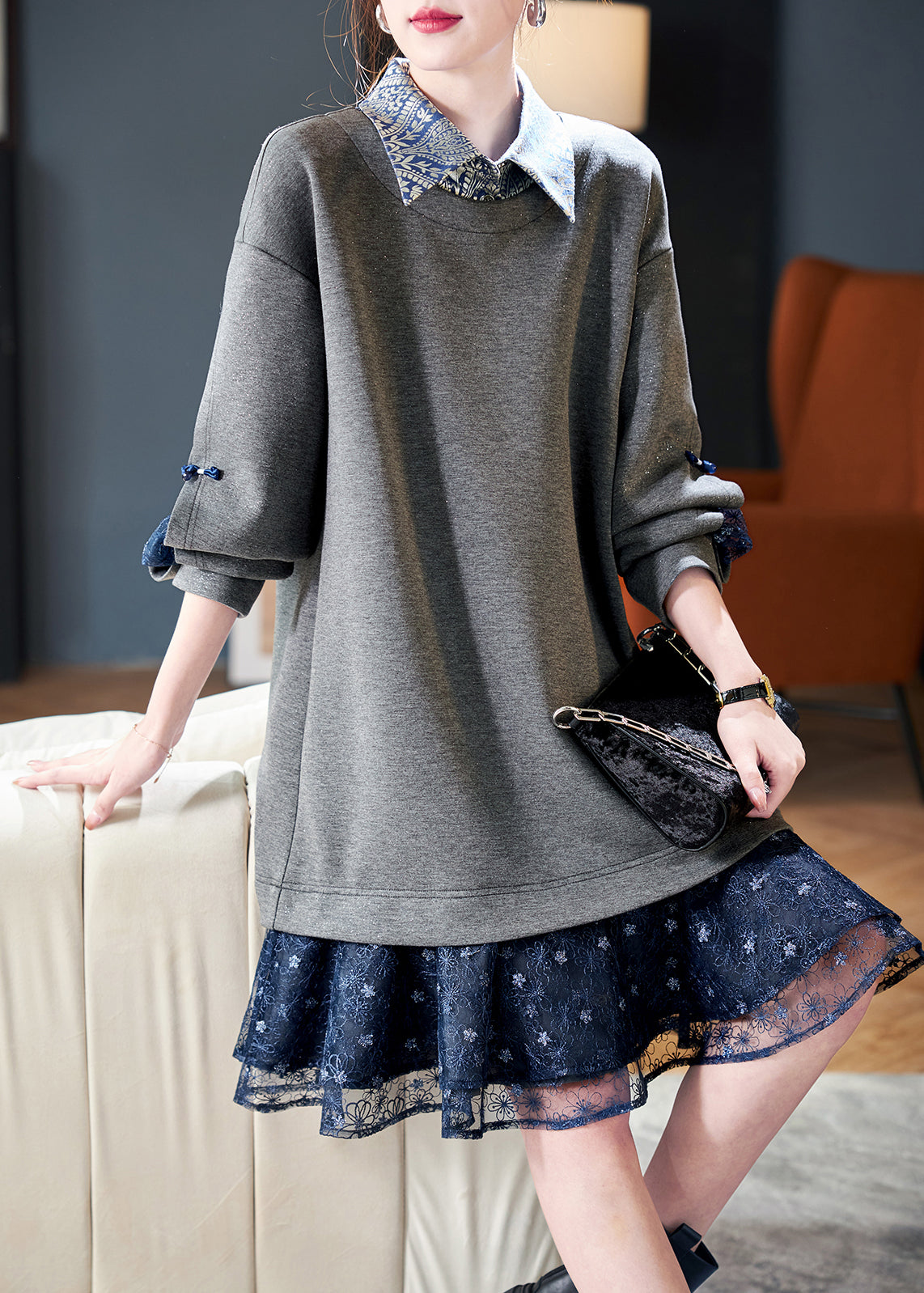 Women Grey Peter Pan Collar Patchwork False Two Pieces Cotton Dress Spring RL022