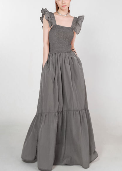 Women Grey Pockets High Waist Cotton Long Dress Summer ZL074