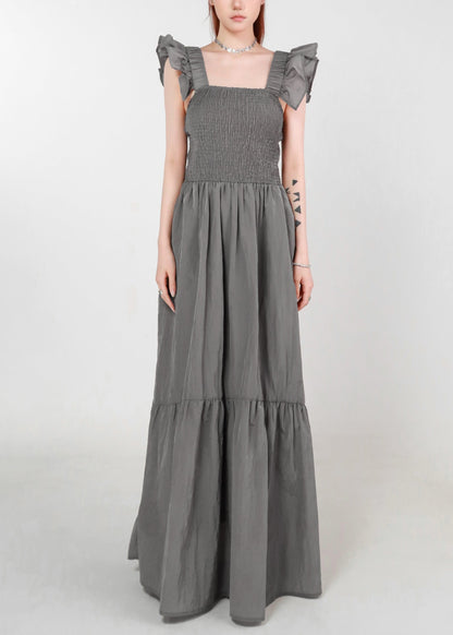 Women Grey Pockets High Waist Cotton Long Dress Summer ZL074