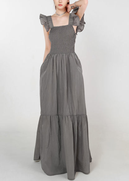 Women Grey Pockets High Waist Cotton Long Dress Summer ZL074