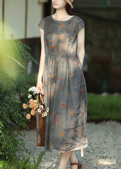 Women Grey Print Lace Up Pockets Linen Dresses Summer OP1059