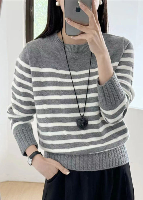 Women Grey Striped Cozy Knit Sweaters Fall QG016