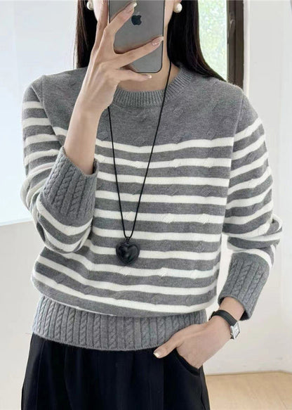 Women Grey Striped Cozy Knit Sweaters Fall QG016