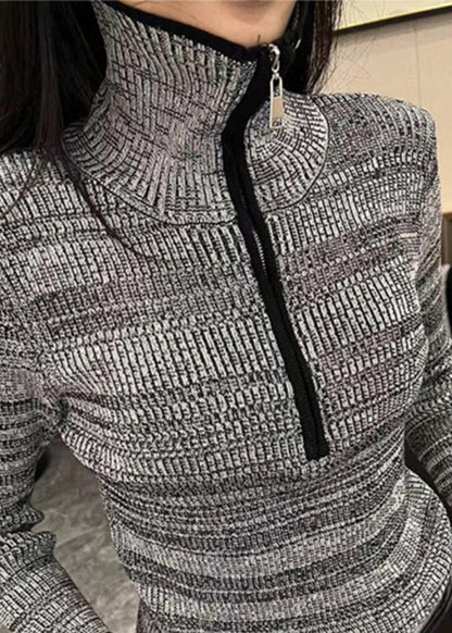 Women Grey Striped Zippered Zippered Cotton Knit Sweater Spring TO028