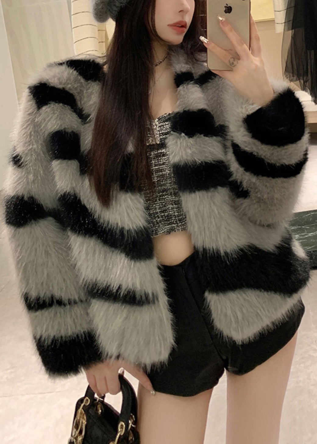 Women Grey V Neck Striped Fuzzy Fur Fluffy Coat Winter RH036