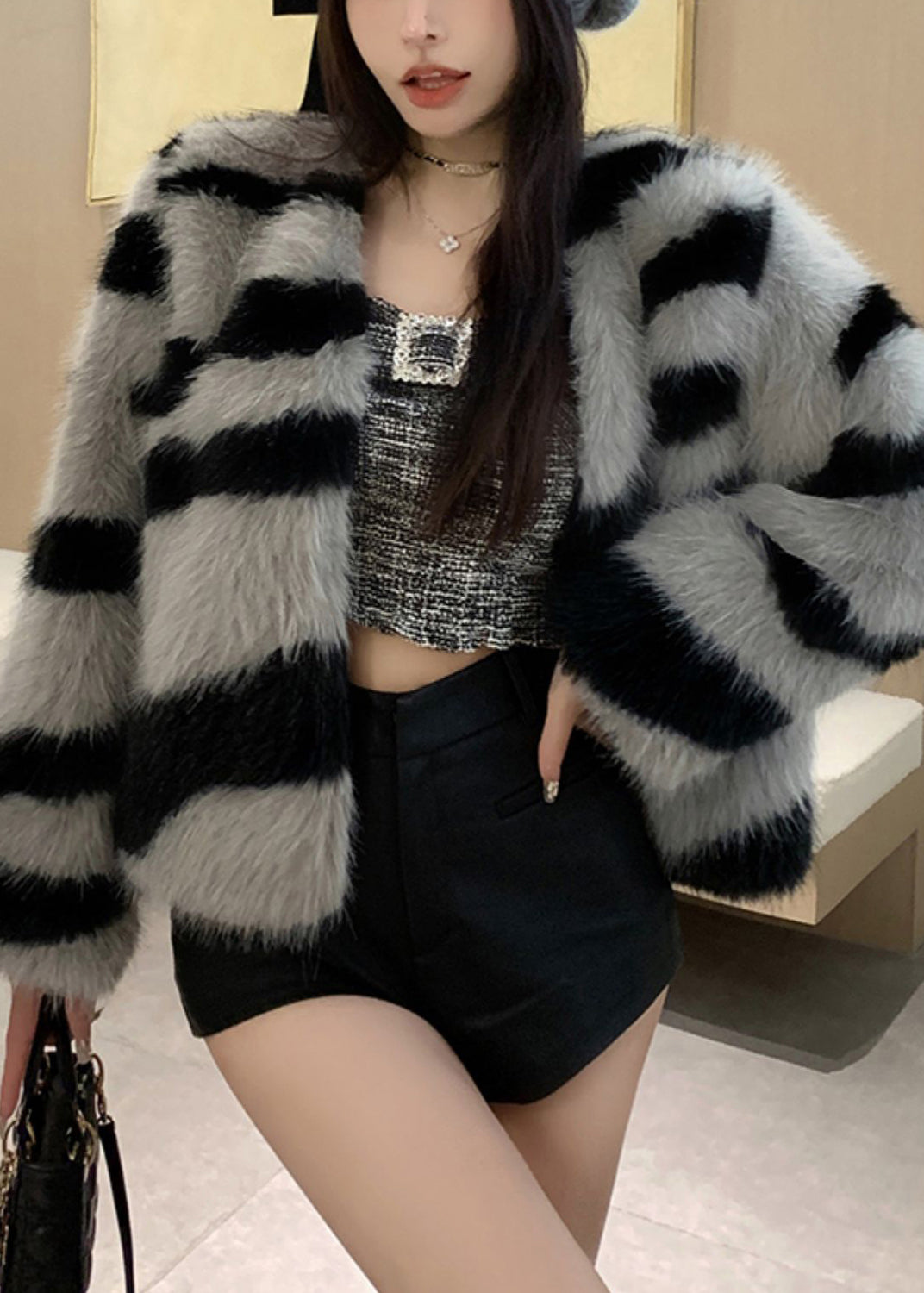 Women Grey V Neck Striped Fuzzy Fur Fluffy Coat Winter RH036