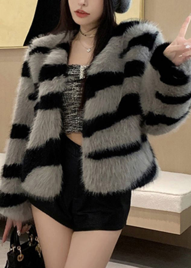 Women Grey V Neck Striped Fuzzy Fur Fluffy Coat Winter RH036