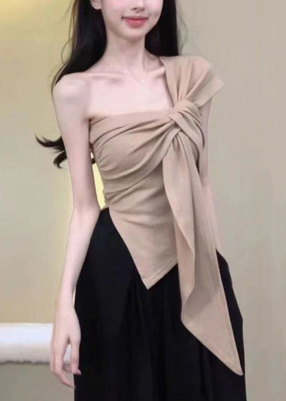 Women Khaki Asymmetrical One Shoulder Cotton T Shirt Sleeveless ZL023