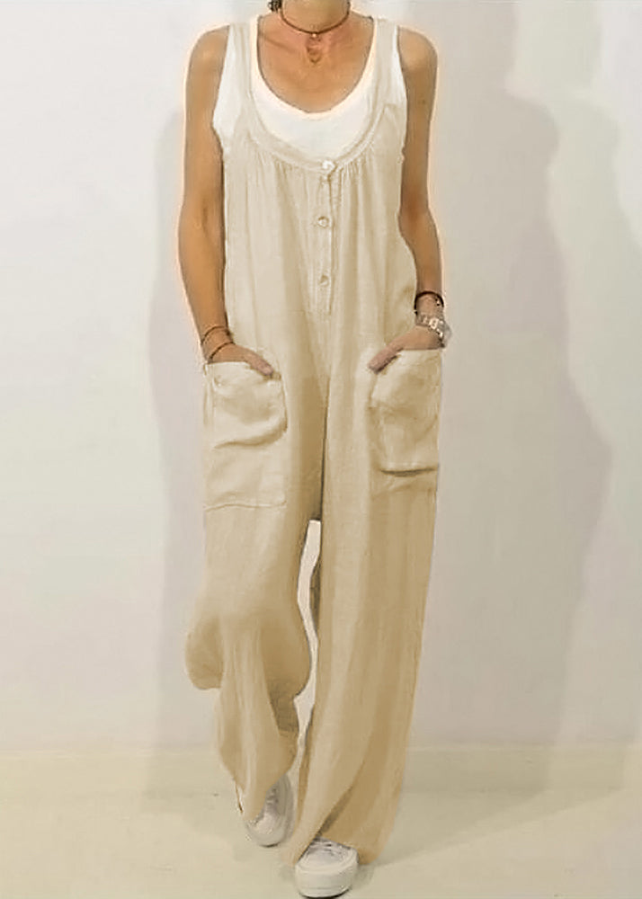 Solid Khaki Jumpsuits Button Women O-Neck Sleeveless