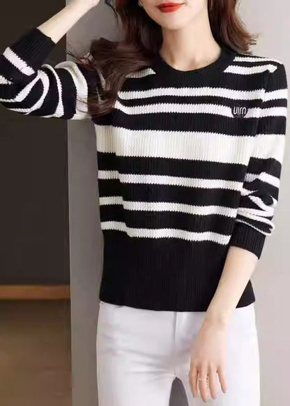 Women Khaki O Neck Striped Cozy Knit Sweater Winter WL023