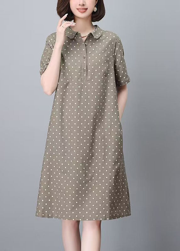 Summer Print Women Peter Work Dot Collar Khaki Dress Pan