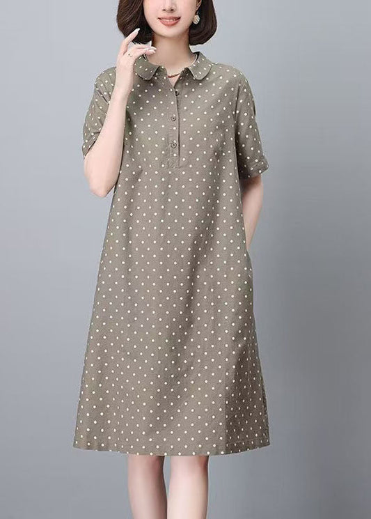 Summer Print Women Peter Work Dot Collar Khaki Dress Pan