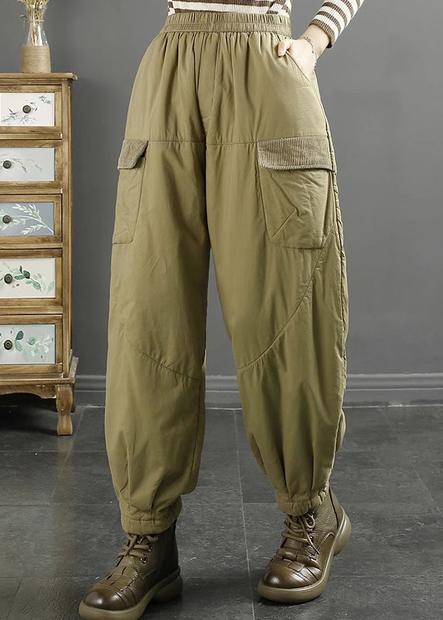 Women Khaki Pockets Elastic Waist Fine Cotton Filled Pants Winter RU016