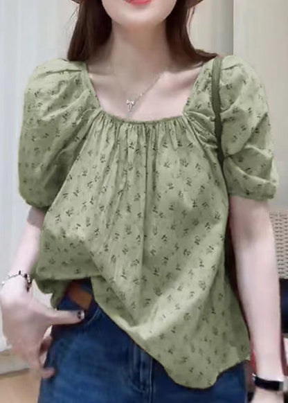 Women Khaki Square Collar Print Cotton Top Summer RE025