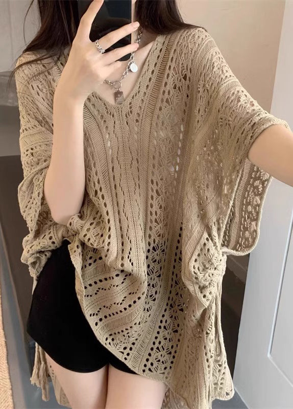 Tops Khaki Strick Halbarm V-Ausschnitt Aushöhlen Frauen