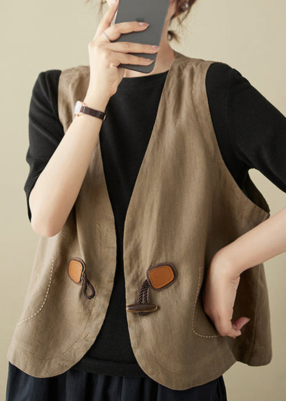 Women Khaki V Neck Horn Button Cotton Vest Sleeveless OO008