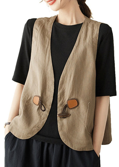 Women Khaki V Neck Horn Button Cotton Vest Sleeveless OO008