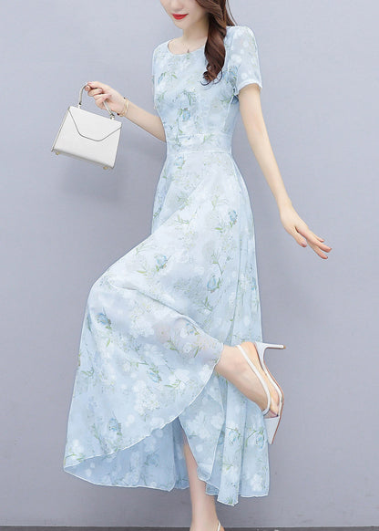 Women Light Blue Print Silm Fit Chiffon Long Dresses Summer OO024