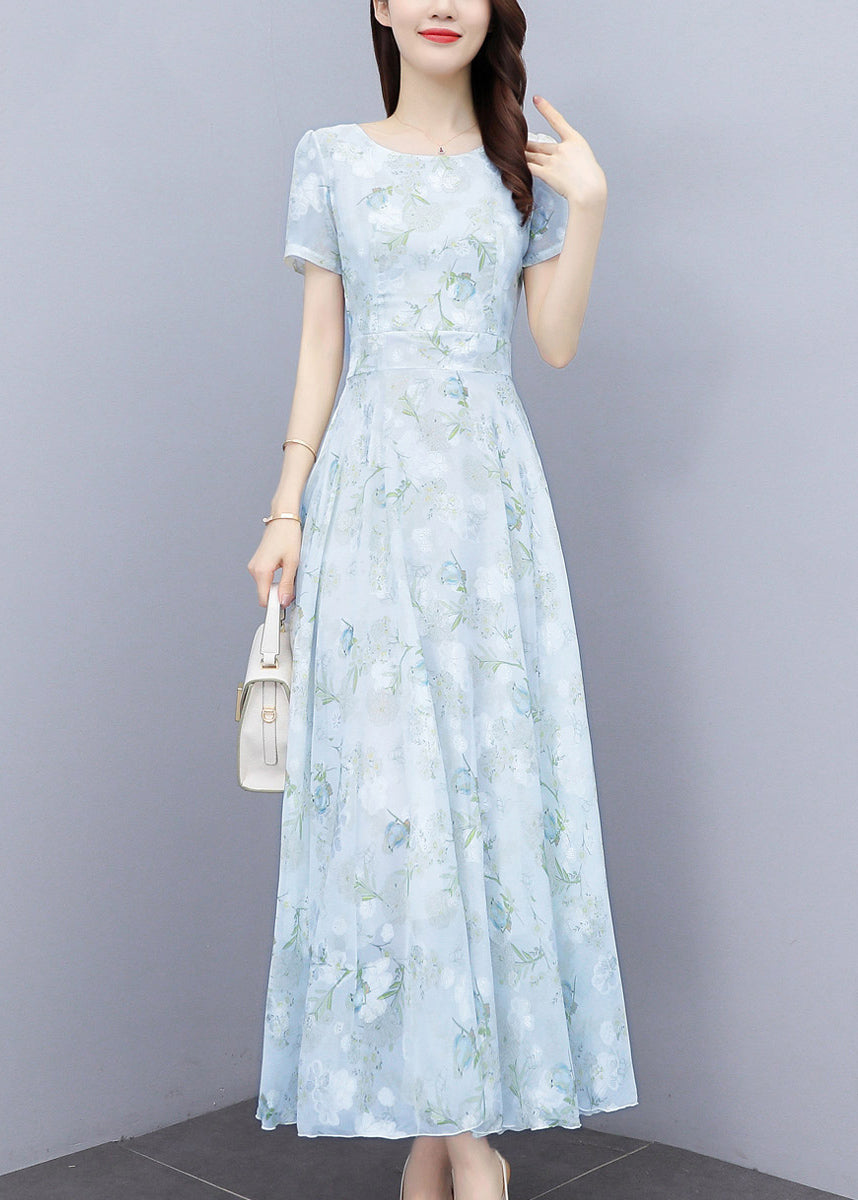 Women Light Blue Print Silm Fit Chiffon Long Dresses Summer OO024