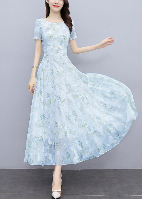 Women Light Blue Print Silm Fit Chiffon Long Dresses Summer OO024