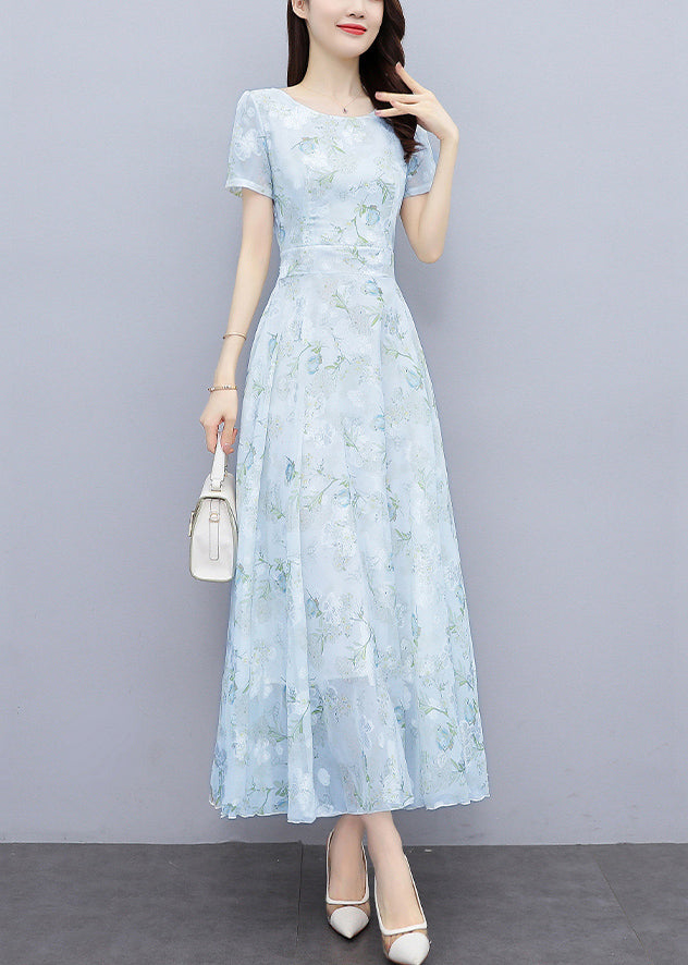 Women Light Blue Print Silm Fit Chiffon Long Dresses Summer OO024