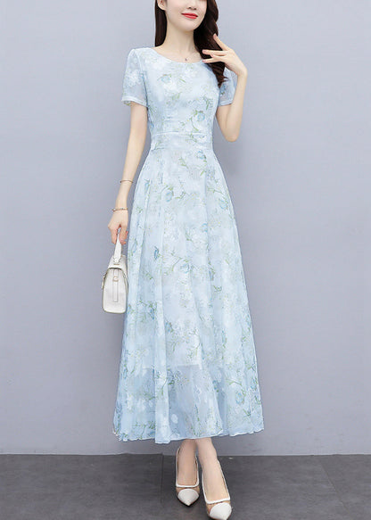 Women Light Blue Print Silm Fit Chiffon Long Dresses Summer OO024