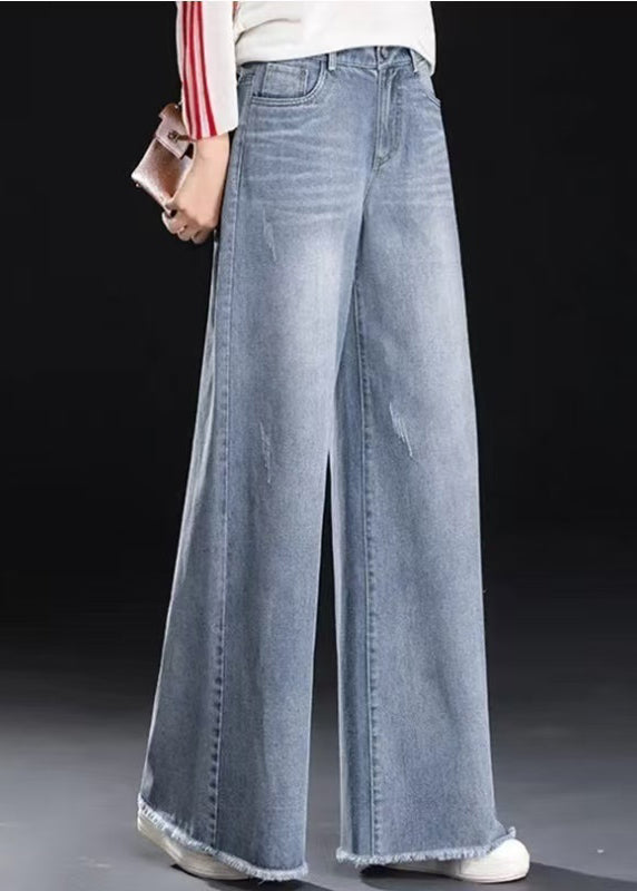 Blue Summer Light Tasseled Women Straight Pants Denim