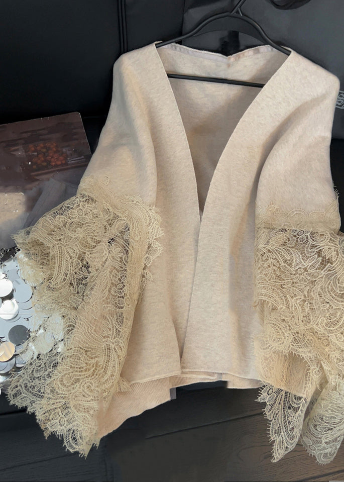Cardigans en tricot patchwork à col en V et dentelle camel clair pour femmes, printemps TD024
