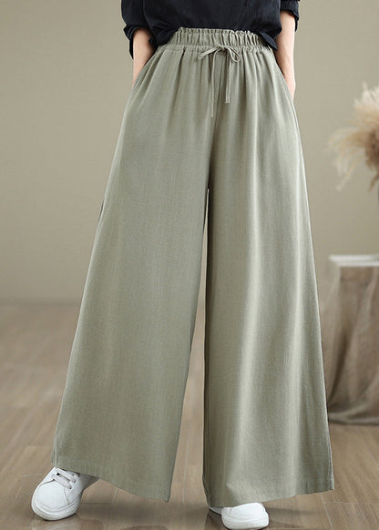 Women Light Green Pockets Elastic Waist Cotton Pants Fall QO046