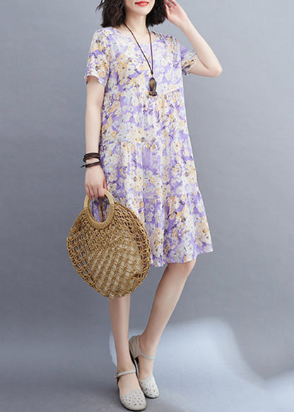 Women Light Purple Patchwork Print Mid Dresses Short Sleeveomen Light Purple Patchwork Print Mid Dresses Short Sleeve VB1015