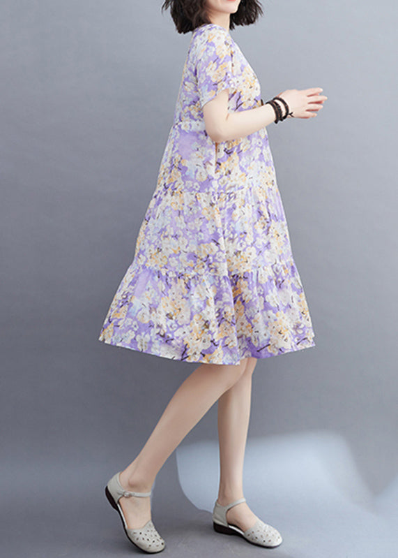 Robe mi-longue à imprimé patchwork violet clair pour femme, manches courtes, VB1015