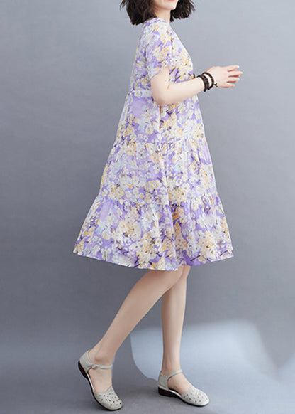 Women Light Purple Patchwork Print Mid Dresses Short Sleeveomen Light Purple Patchwork Print Mid Dresses Short Sleeve VB1015