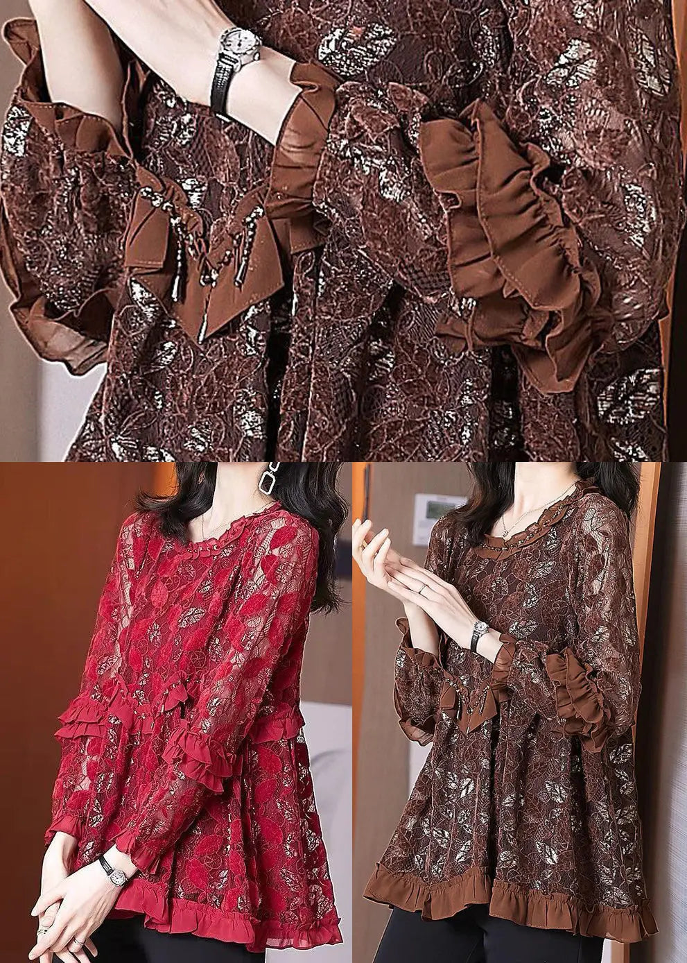Women Mulberry Ruffled Patchwork Lace Blouse Tops Spring Ada Fashion