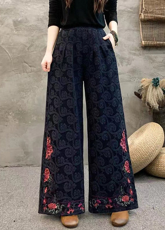 Women Navy Embroidered Pockets Cotton Wide Leg Trousers Spring BV069