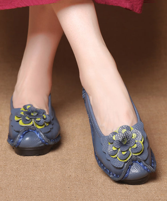 Women Navy Faux Leather Flower Splicing Flat Feet Shoes SL1028