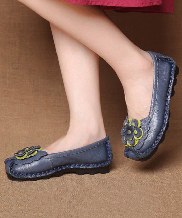 Women Navy Faux Leather Flower Splicing Flat Feet Shoes SL1028