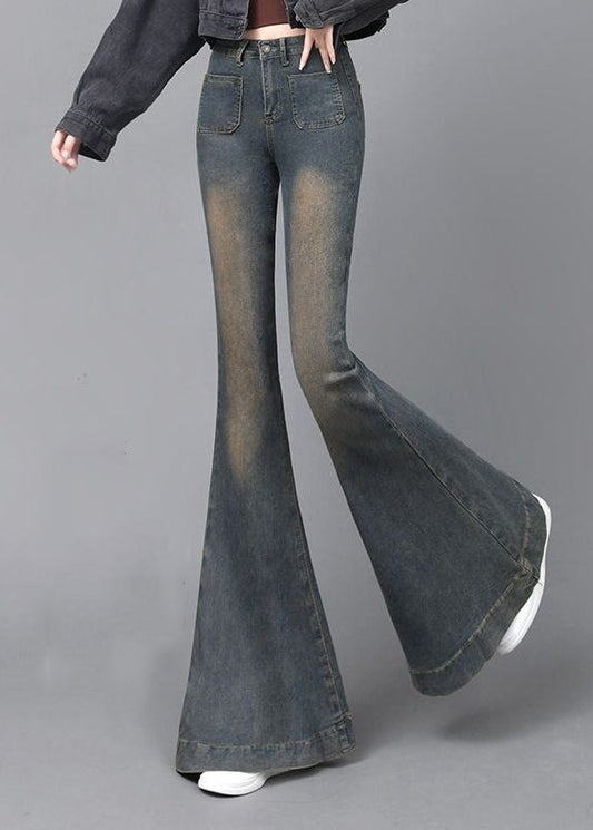 Pantalon évasé en jean bleu marine taille haute avec poches pour femme, printemps YP044