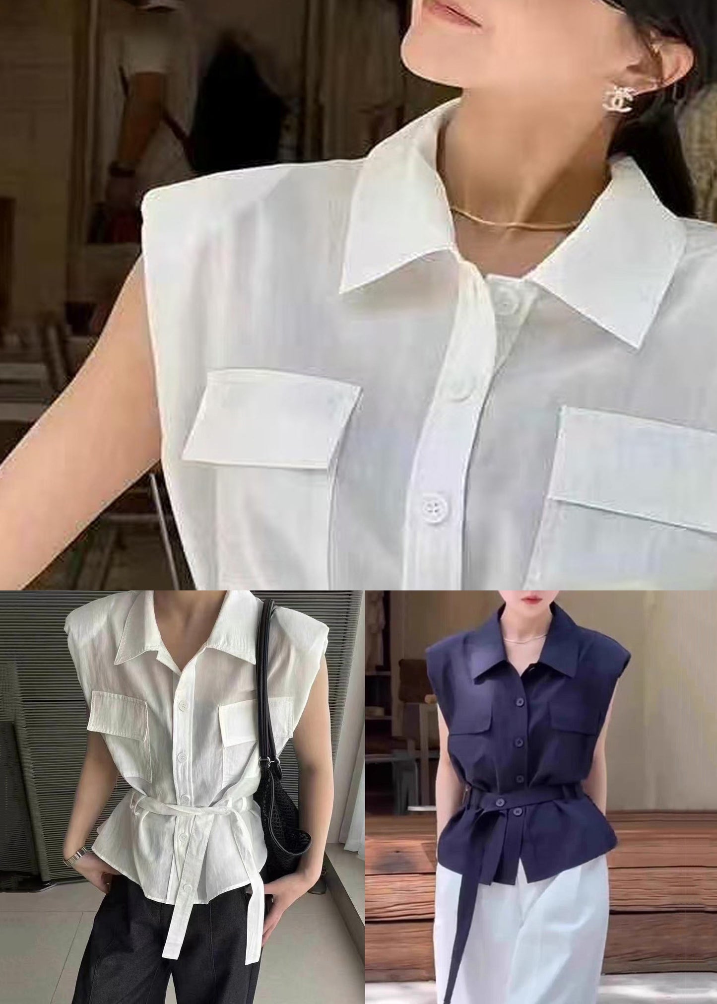 Pan Women Sleeveless Navy Peter Button Cotton Shirt Collar